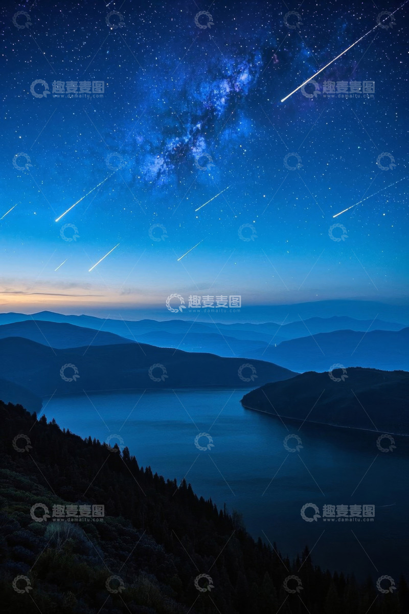 高清大图下载【趣麦麦图】夜空下湖泊与山峦的星空景象