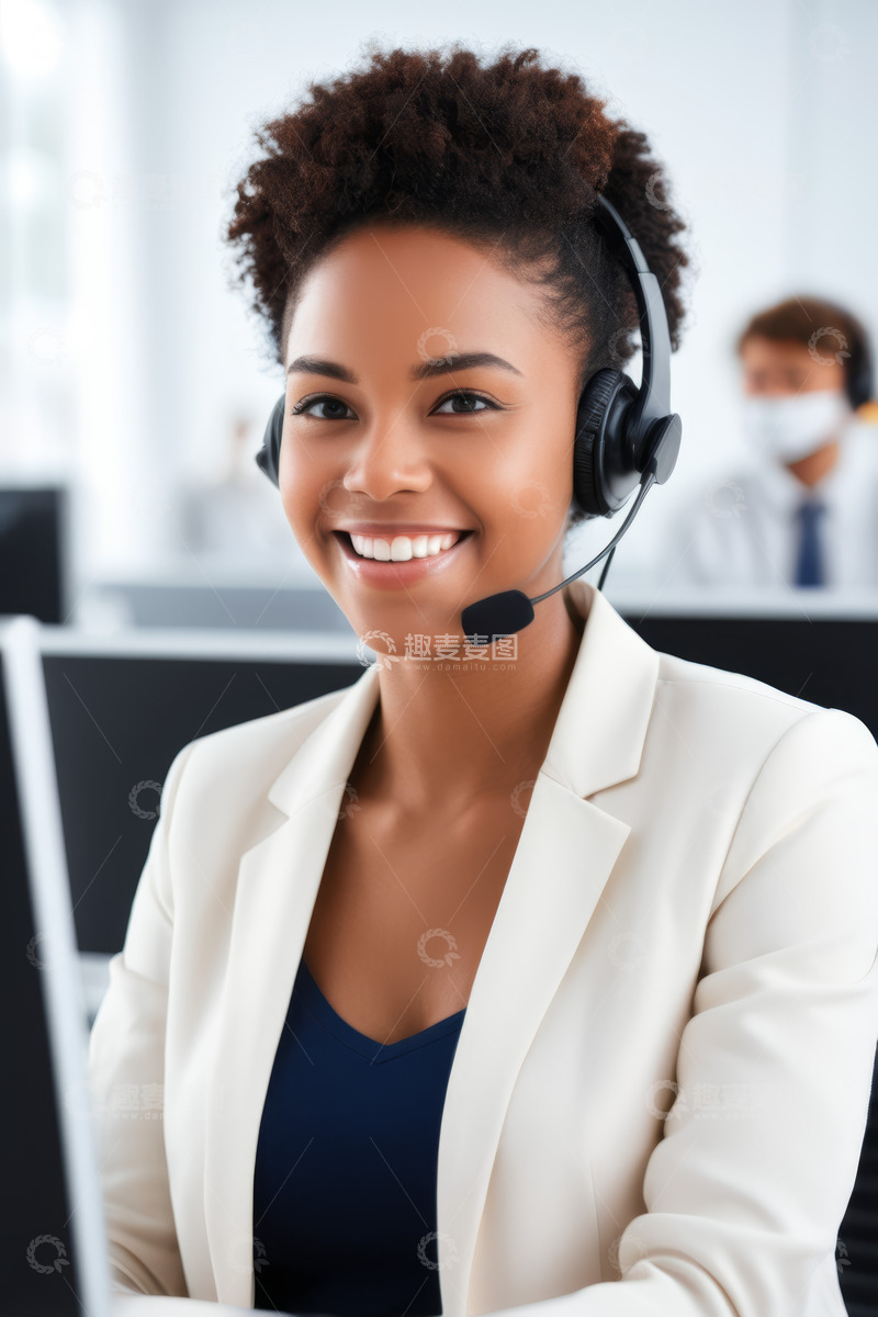 高清大图下载【趣麦麦图】客服人员办公室内戴耳机工作