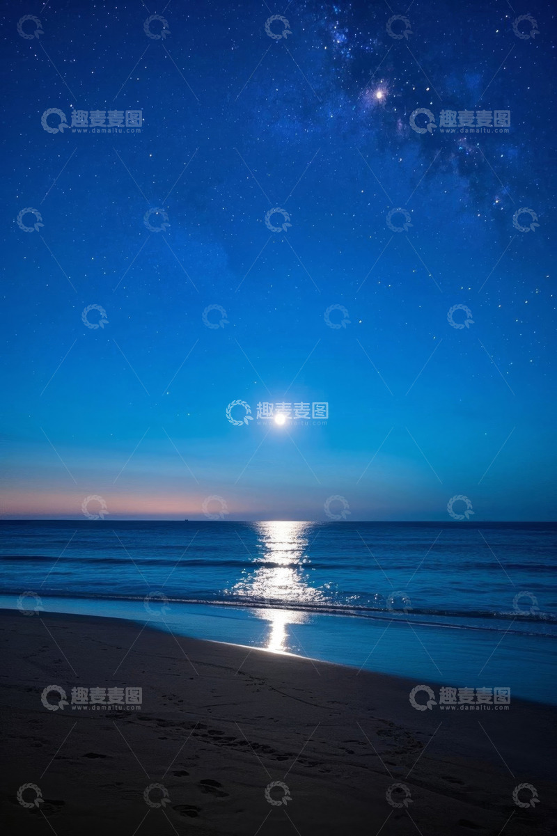 高清大图下载【趣麦麦图】月夜下的海滩与星空景观