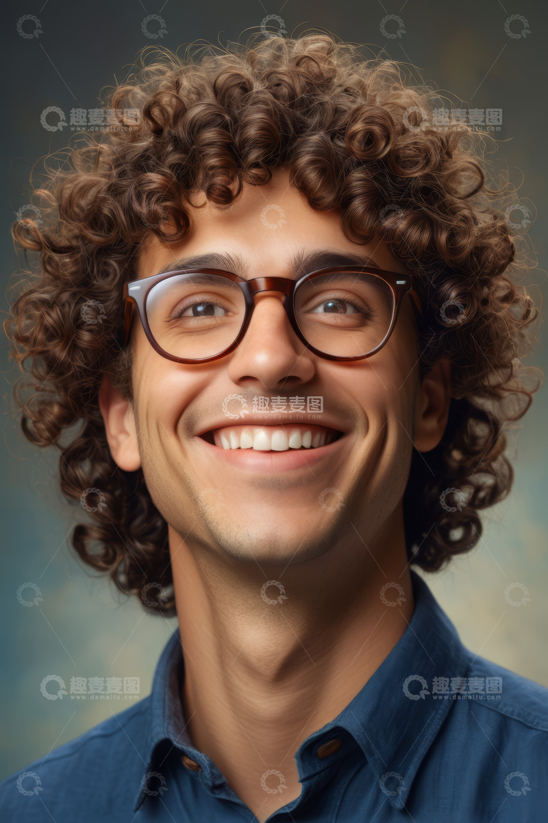 高清大图下载【趣麦麦图】戴眼镜卷发男子微笑肖像