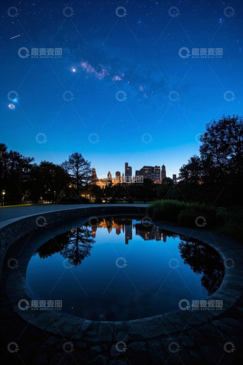 高清大图下载【趣麦麦图】夜晚城市建筑与星空倒影景观