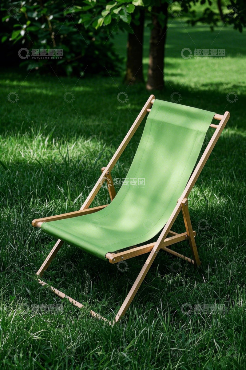高清大图下载【趣麦麦图】草地上的绿色折叠躺椅