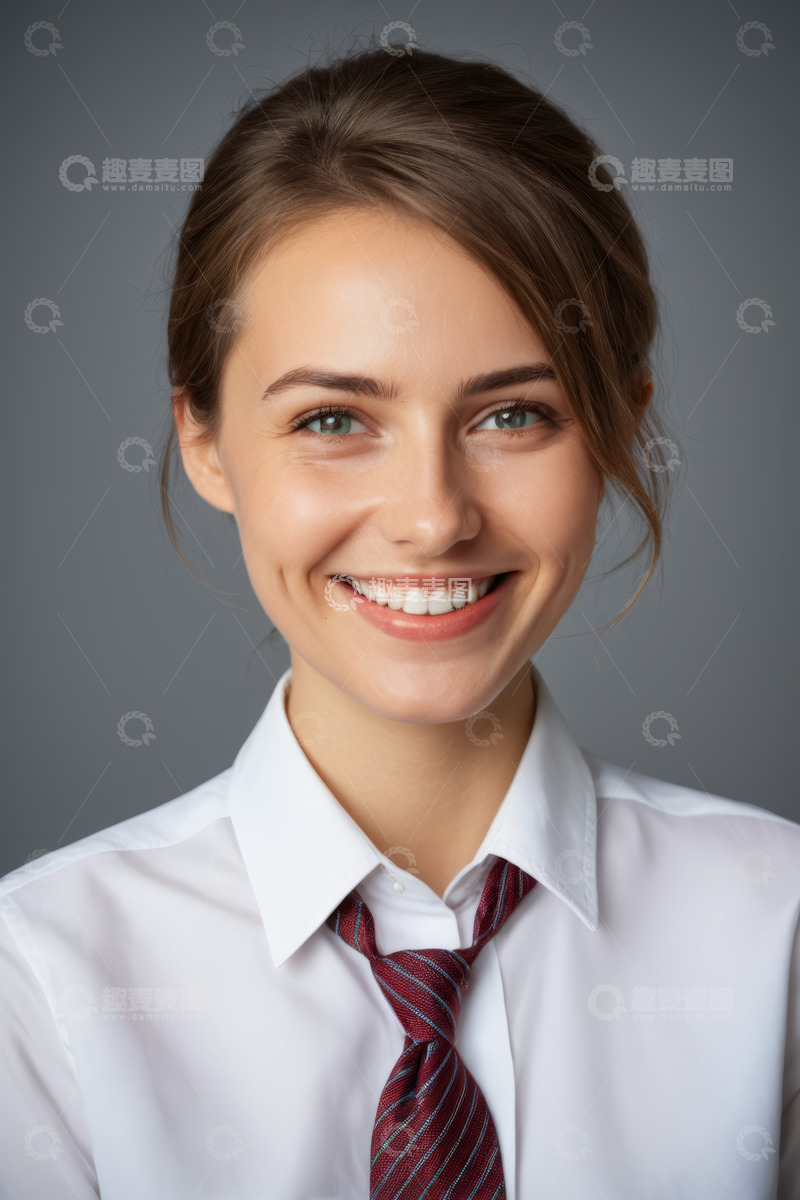 高清大图下载【趣麦麦图】穿白衬衫打领带微笑的女性