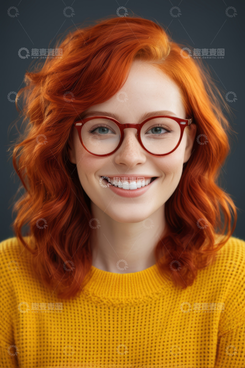 高清大图下载【趣麦麦图】红发戴眼镜女子微笑特写