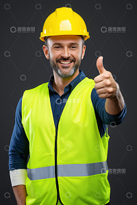 戴安全帽工人微笑竖大拇指