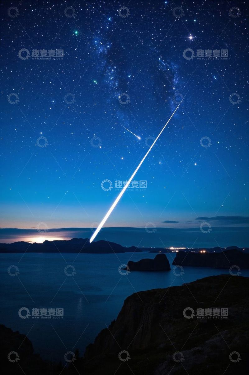 高清大图下载【趣麦麦图】夜空下流星划过海面景观
