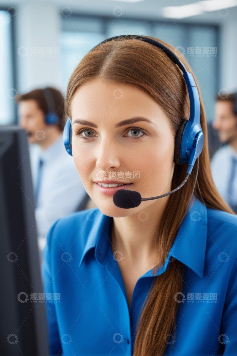 高清大图下载【趣麦麦图】办公室客服人员佩戴耳机工作