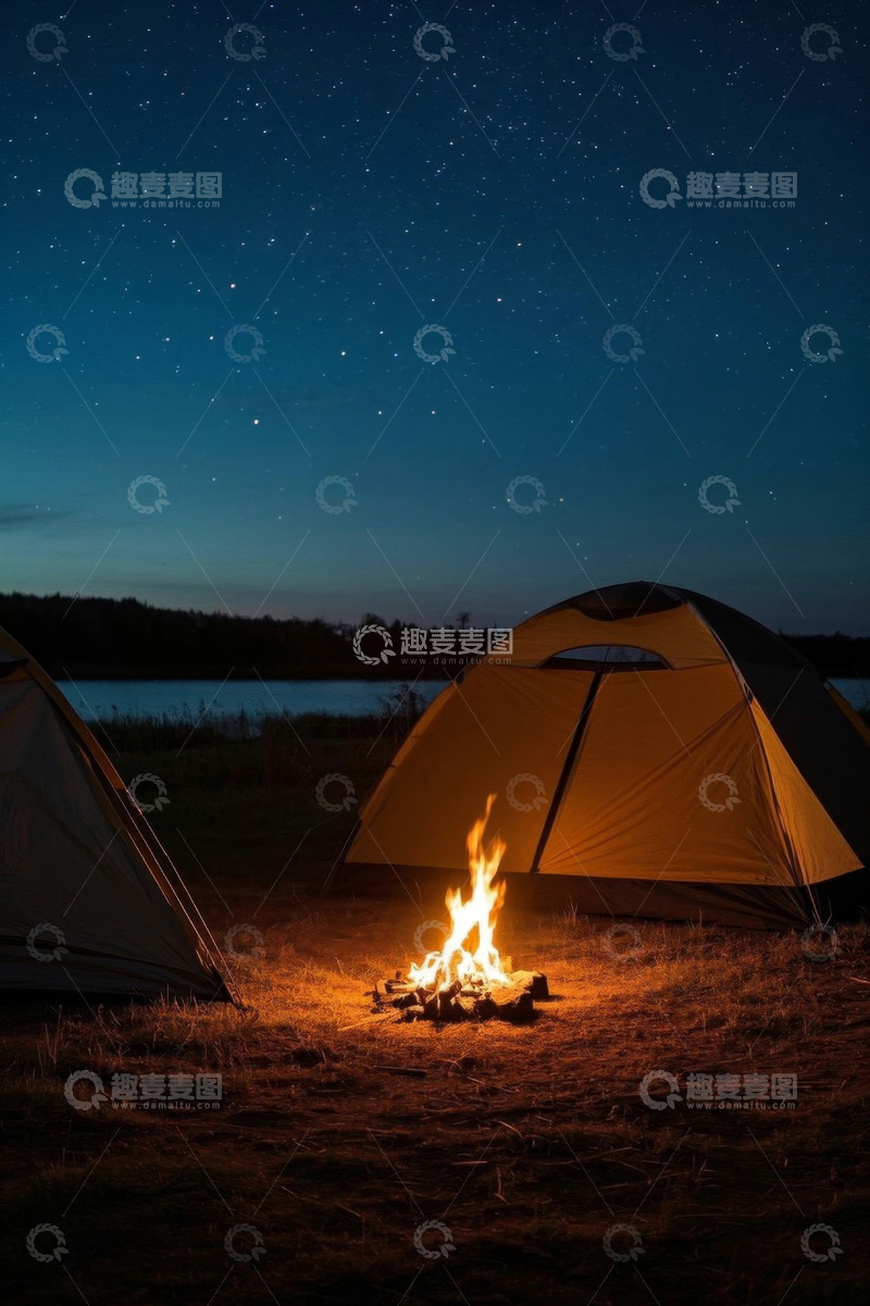 高清大图下载【趣麦麦图】湖畔星空下的露营帐篷与篝火
