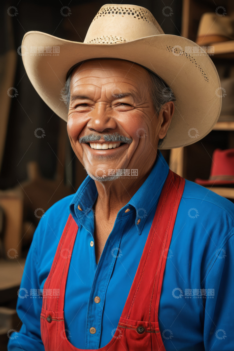 高清大图下载【趣麦麦图】戴牛仔帽微笑的中老年男性