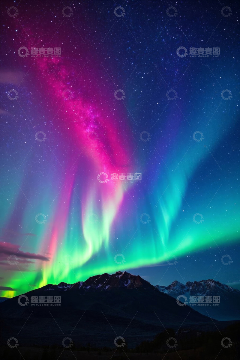 高清大图下载【趣麦麦图】夜空下山脉上的绚烂极光
