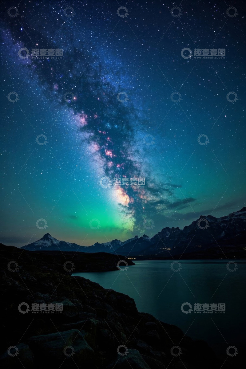 高清大图下载【趣麦麦图】星空下的山湖与山脉景观