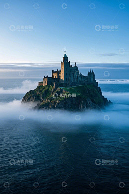 孤岛上的城堡与海洋景观