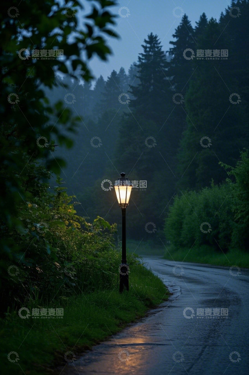 高清大图下载【趣麦麦图】森林道路旁点亮的复古路灯