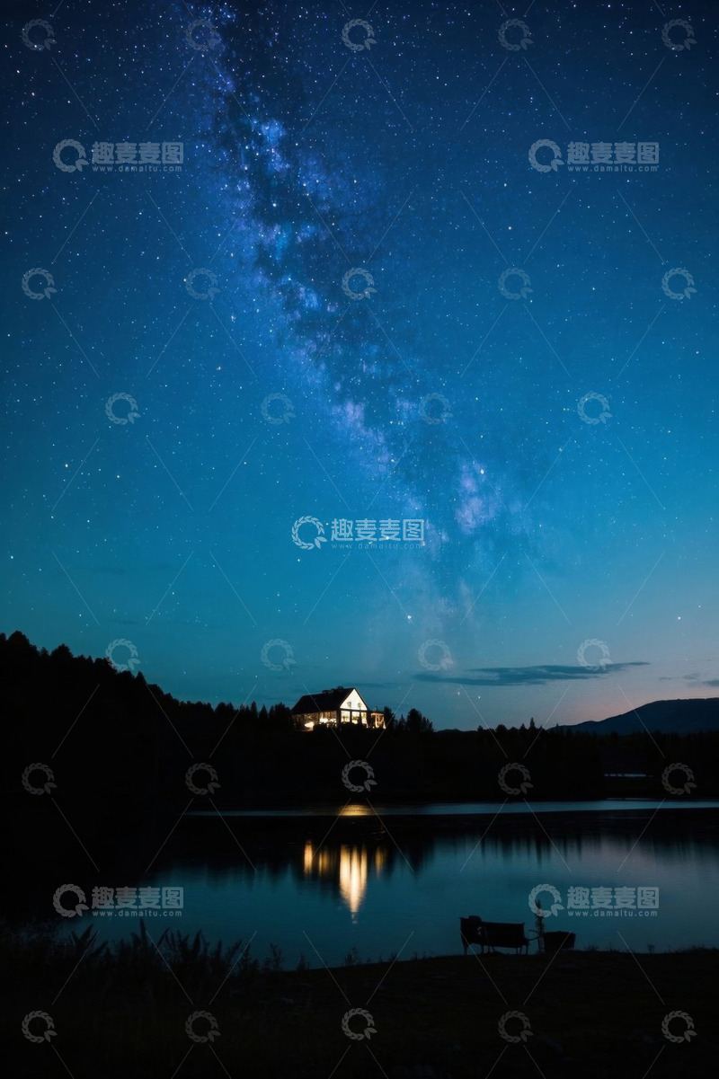高清大图下载【趣麦麦图】湖畔星空下的小屋夜景
