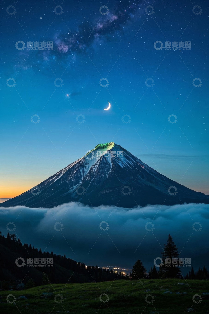 高清大图下载【趣麦麦图】月夜下的富士山云海景观