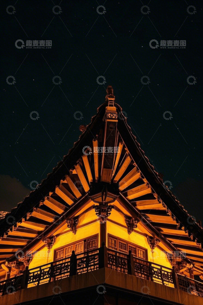 高清大图下载【趣麦麦图】夜晚古建筑屋檐星空景象