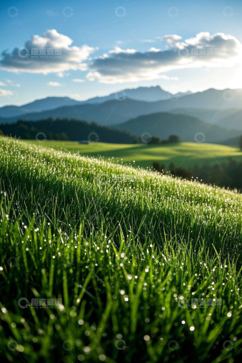高清大图下载【趣麦麦图】阳光下的草地与远山风景