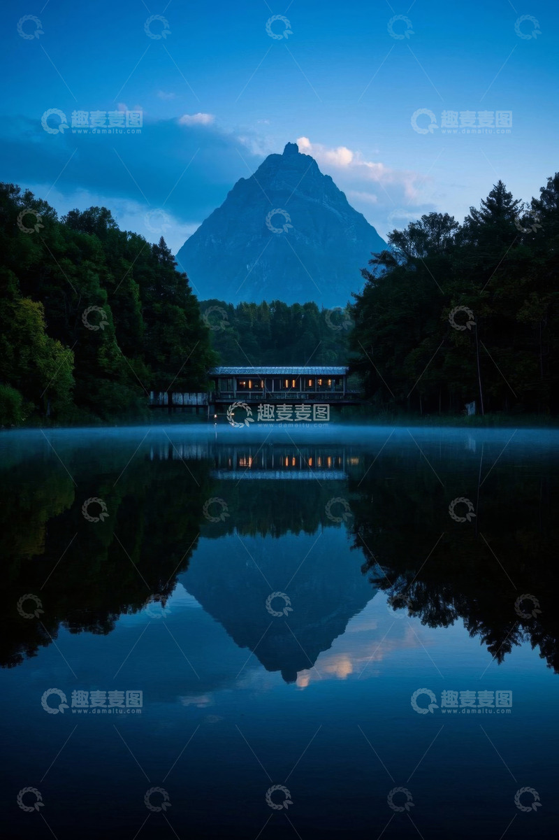 高清大图下载【趣麦麦图】湖边山林与小屋的静谧景致