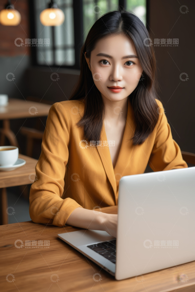 高清大图下载【趣麦麦图】女性在咖啡馆使用笔记本电脑