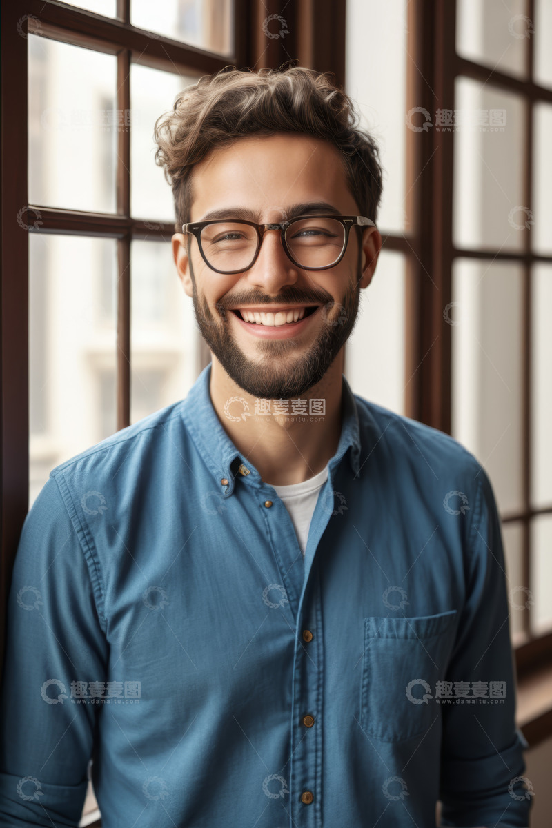高清大图下载【趣麦麦图】窗边微笑男子肖像