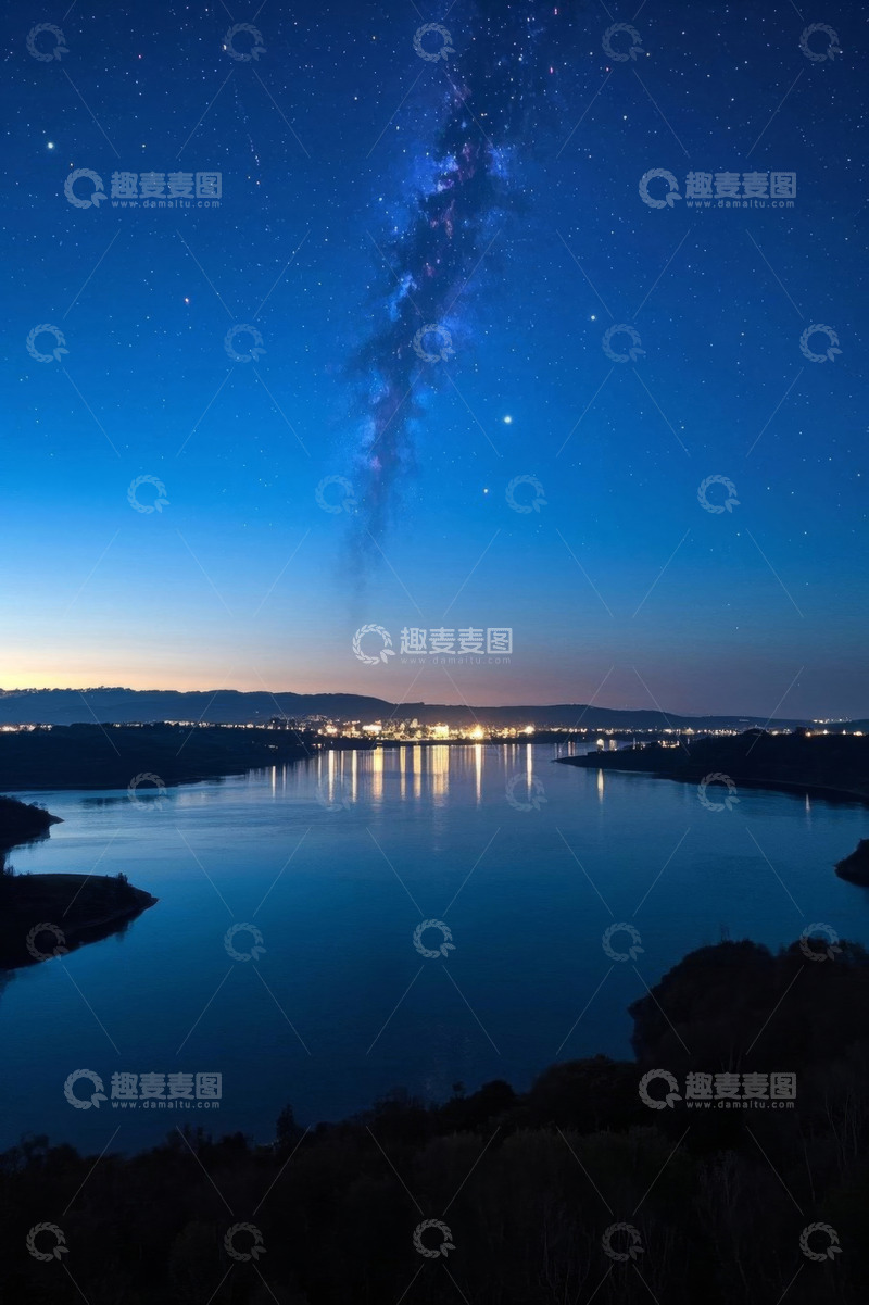 高清大图下载【趣麦麦图】星空下的湖泊与城市灯火景观