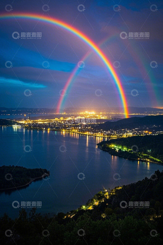 湖畔城市夜景与双彩虹景观