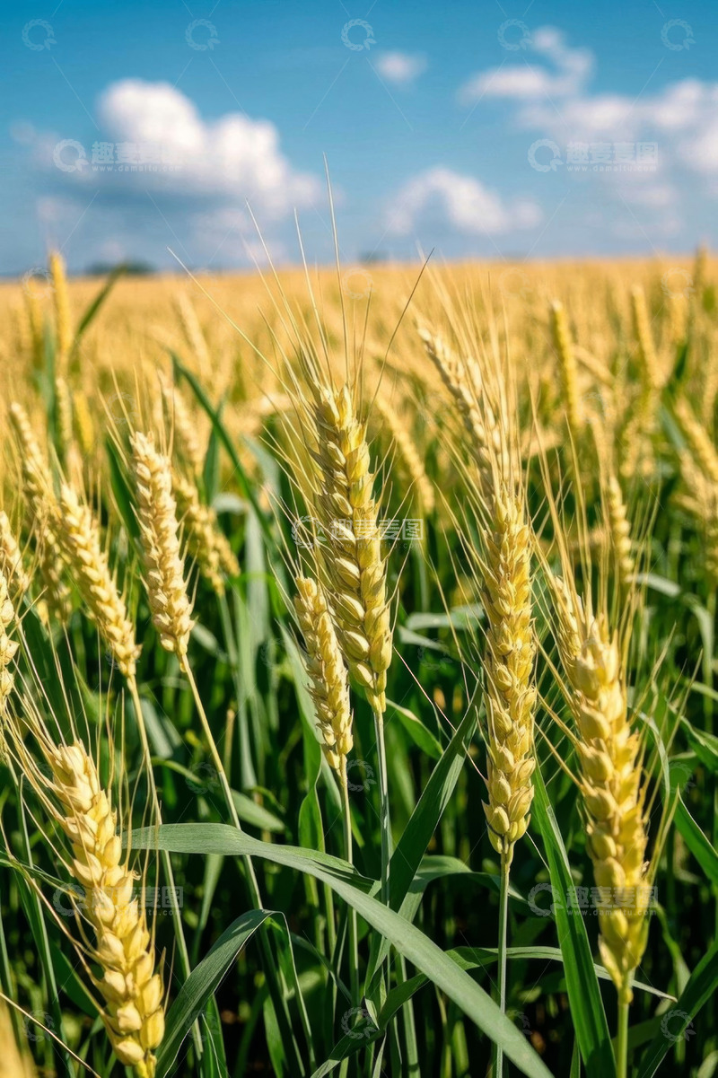 高清大图下载【趣麦麦图】金黄小麦田与蓝天白云景观