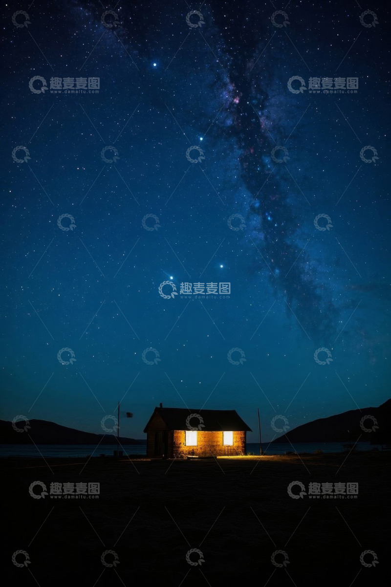 高清大图下载【趣麦麦图】星空下点亮灯光的小屋夜景