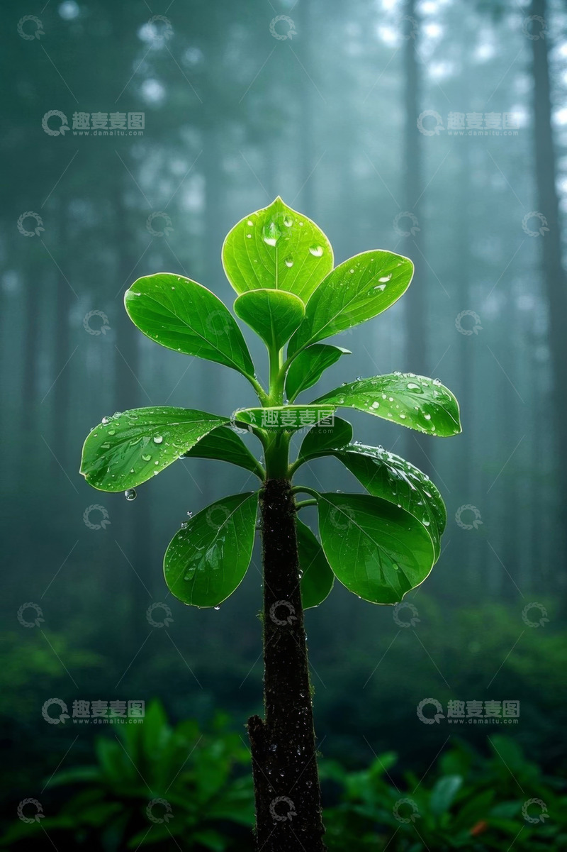 高清大图下载【趣麦麦图】森林中带水珠的嫩绿植物