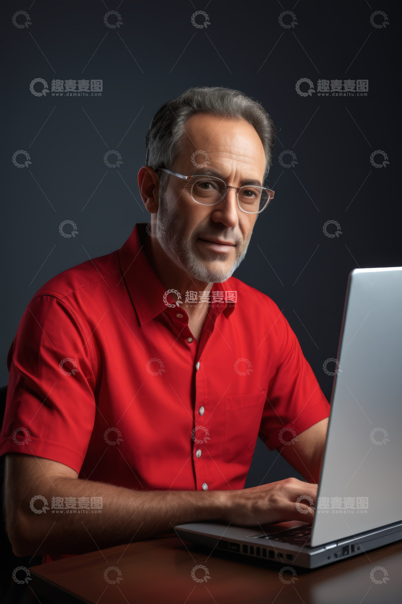 高清大图下载【趣麦麦图】穿红衣男子使用笔记本电脑