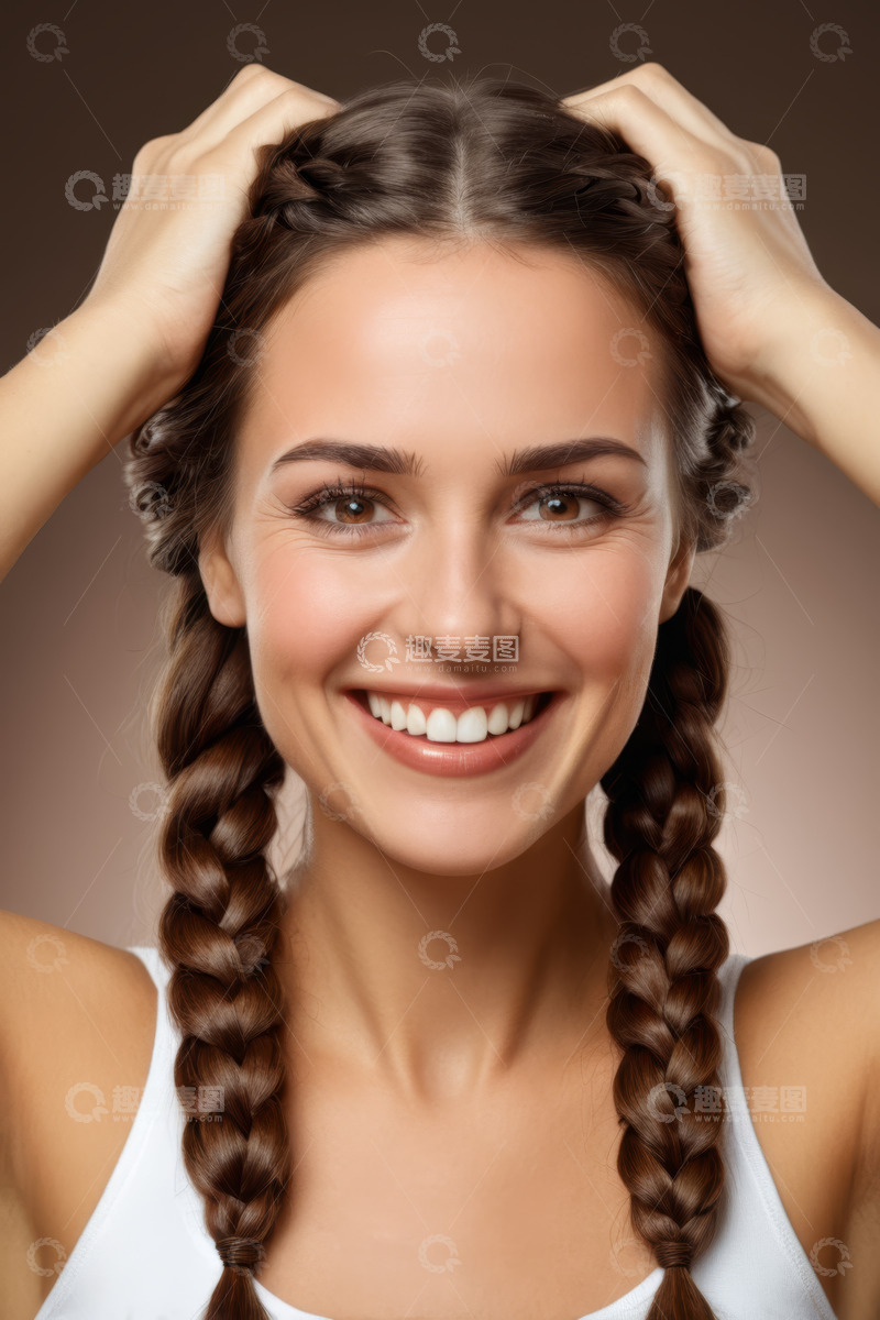 高清大图下载【趣麦麦图】微笑女孩整理双麻花辫