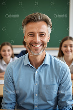 教室中微笑的男教师与学生