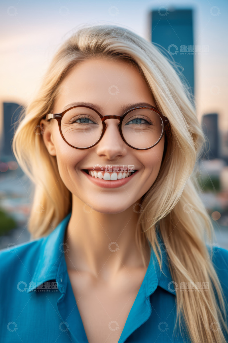 高清大图下载【趣麦麦图】戴眼镜微笑的金发女子特写
