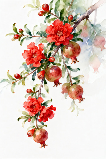 水彩石榴花枝装饰画