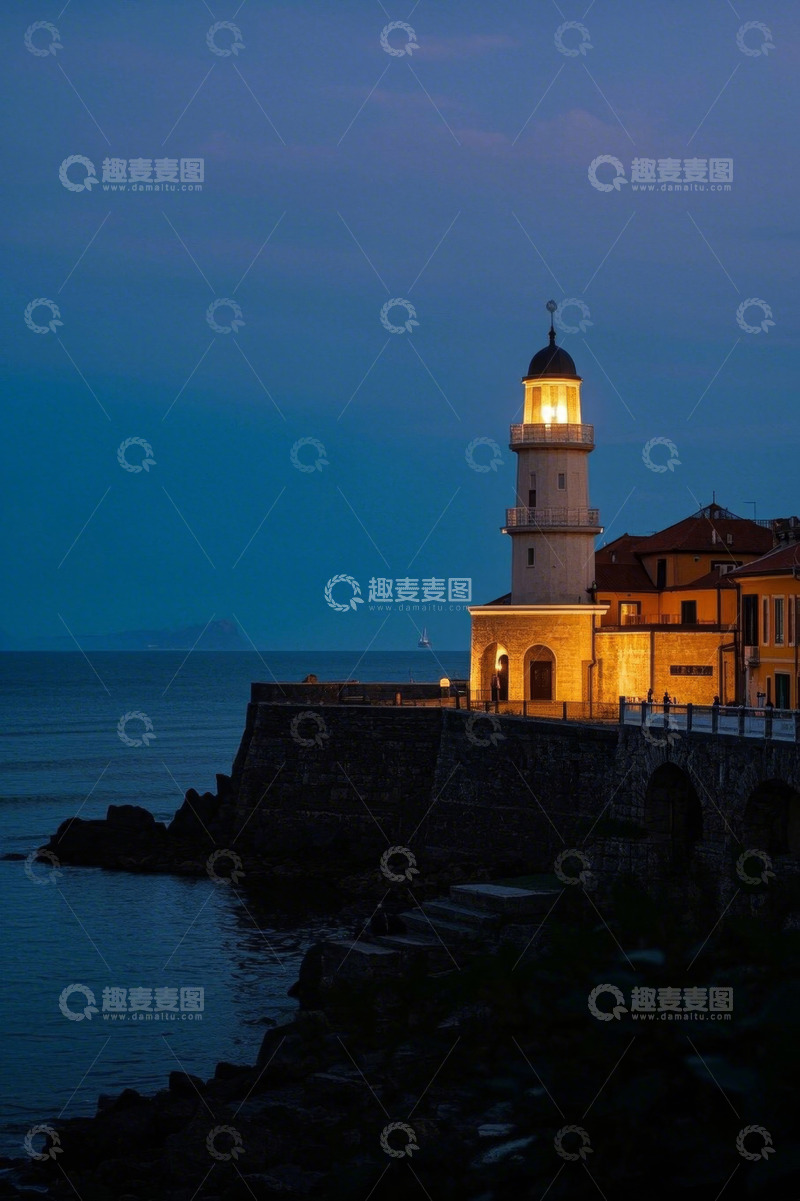 高清大图下载【趣麦麦图】海岸边灯塔夜景