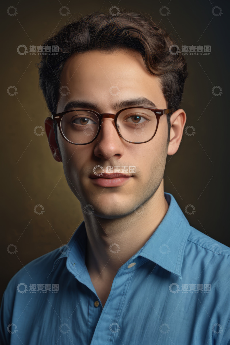 高清大图下载【趣麦麦图】戴眼镜穿蓝衬衫男士肖像