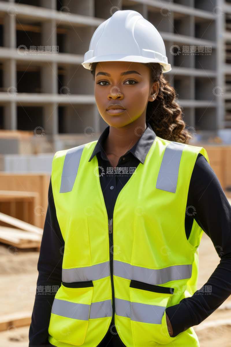 高清大图下载【趣麦麦图】非洲裔女性建筑工人工地留影