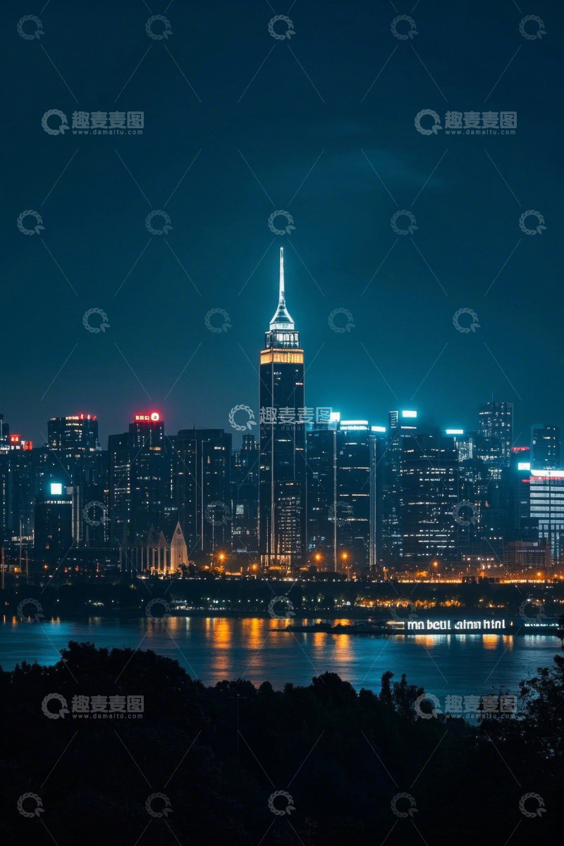 高清大图下载【趣麦麦图】城市夜景高楼与江面风光