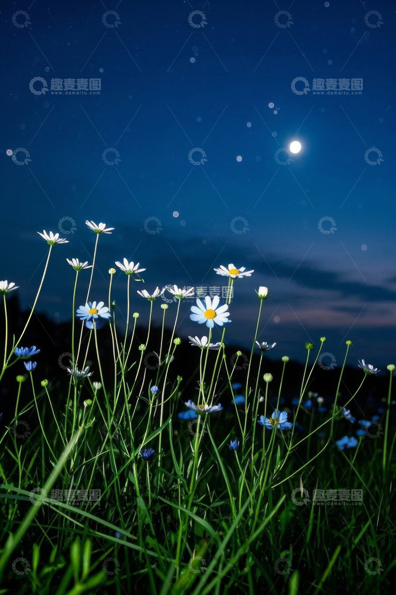 高清大图下载【趣麦麦图】月夜下的雏菊与花草