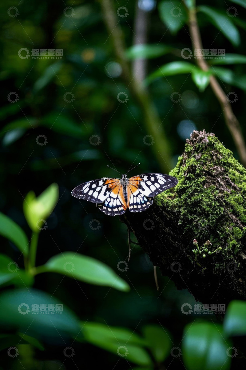 高清大图下载【趣麦麦图】蝴蝶栖息于苔藓覆盖的树干