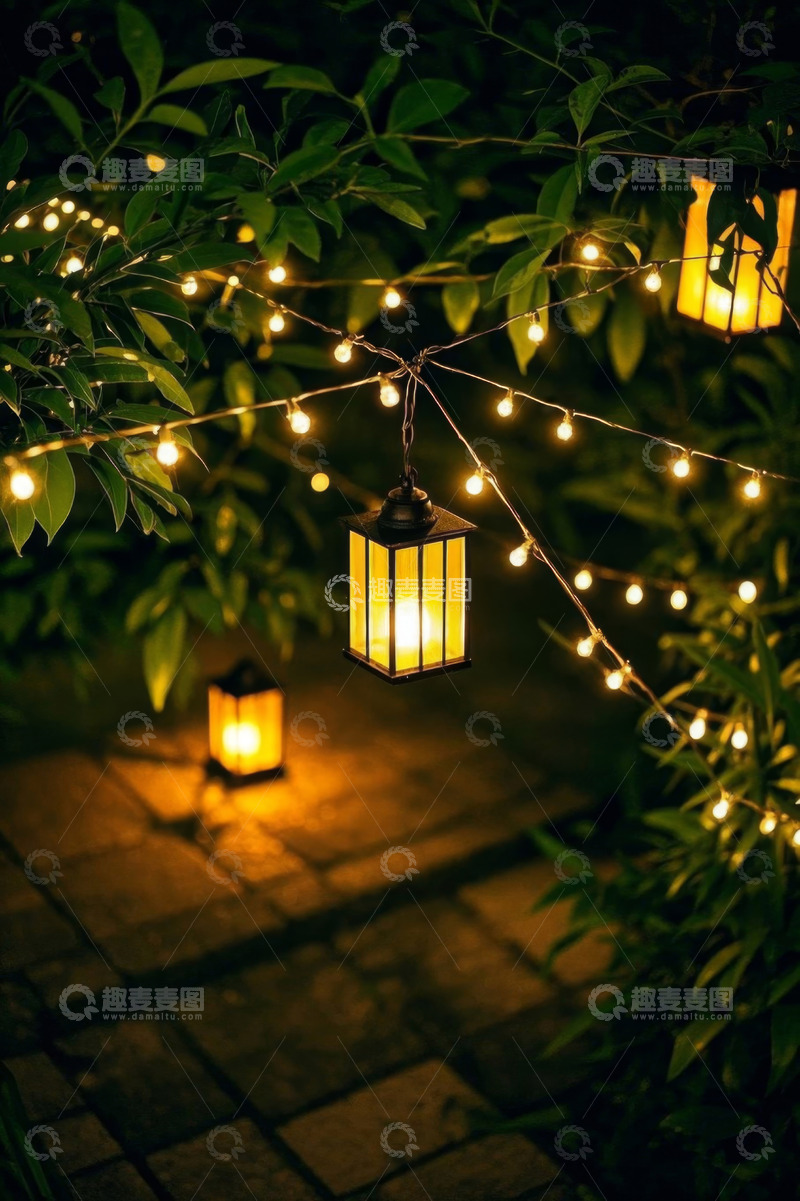 高清大图下载【趣麦麦图】户外绿植间的装饰灯景观