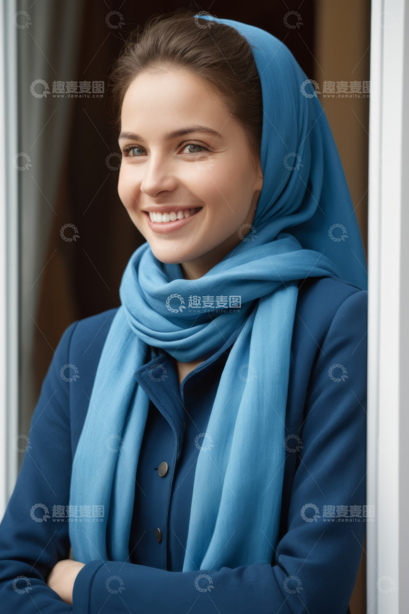高清大图下载【趣麦麦图】戴蓝色头巾微笑的女子