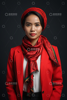 红衣女士佩戴头巾与围巾肖像