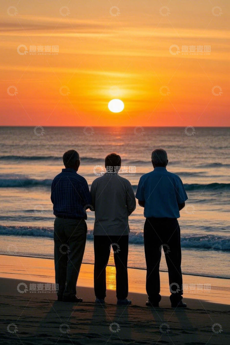 高清大图下载【趣麦麦图】三位老人在海滩观赏日落