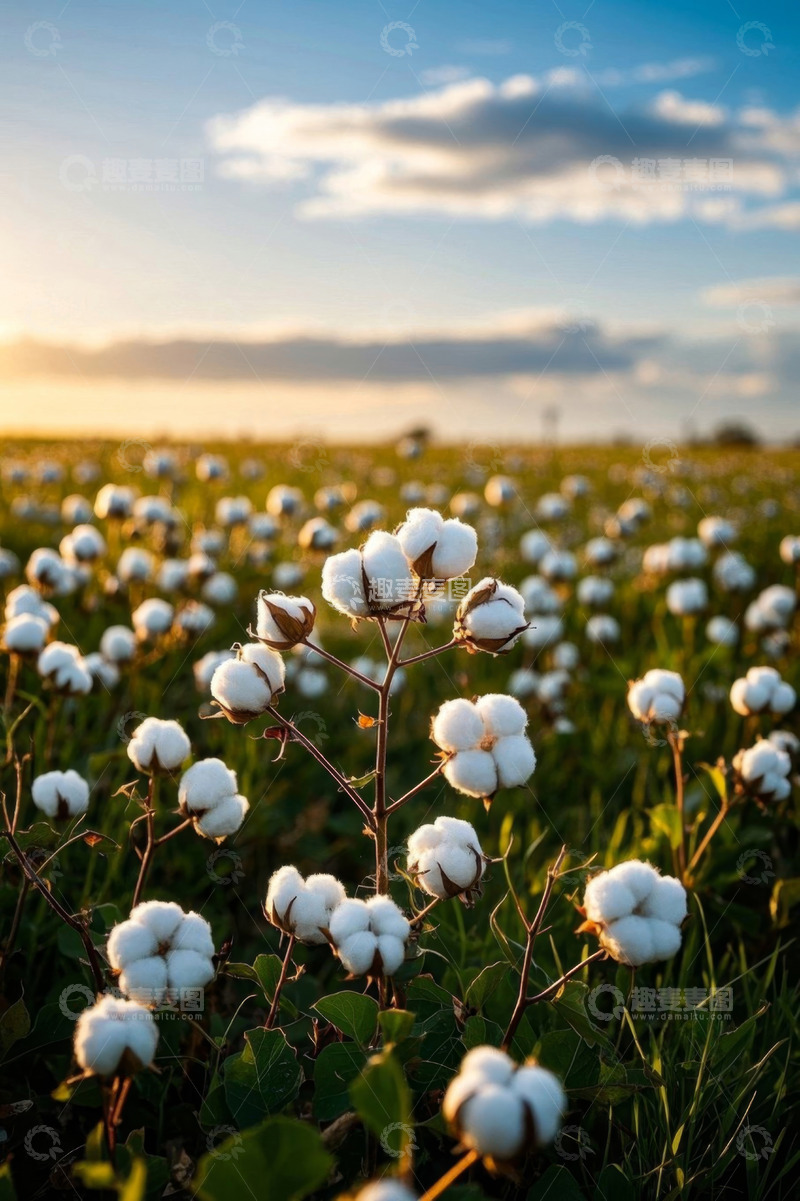 高清大图下载【趣麦麦图】夕阳下的棉花田自然风光