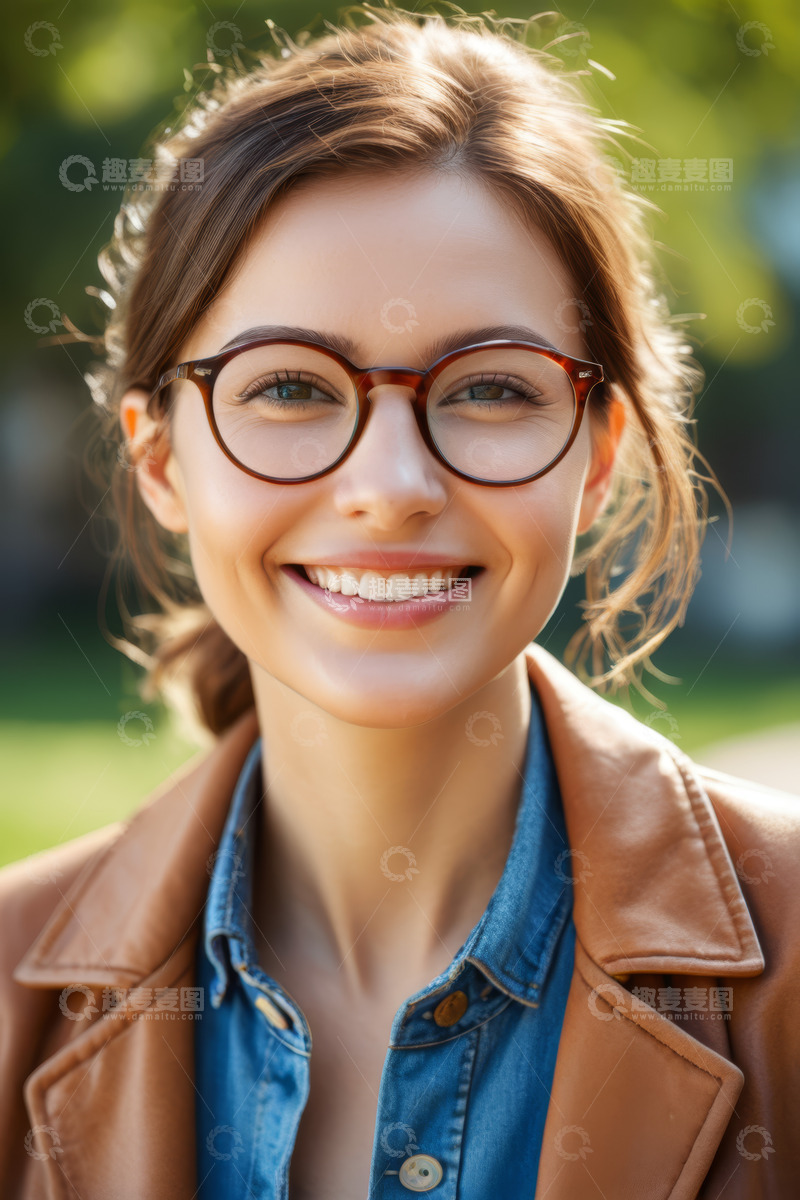 高清大图下载【趣麦麦图】戴眼镜微笑的女子户外肖像