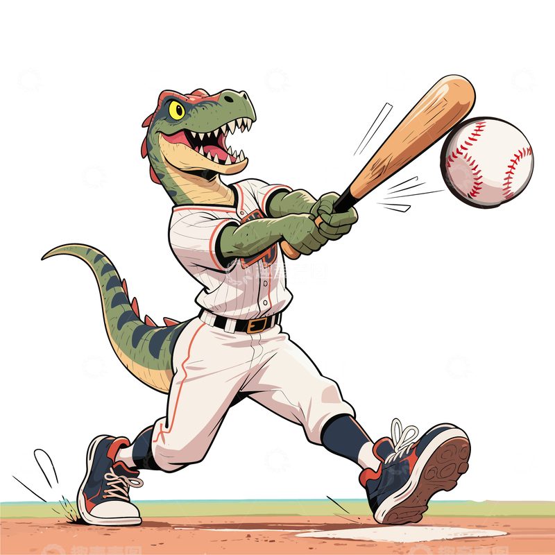 源文件下载【趣麦麦图】卡通恐龙棒球运动员插画素材击球