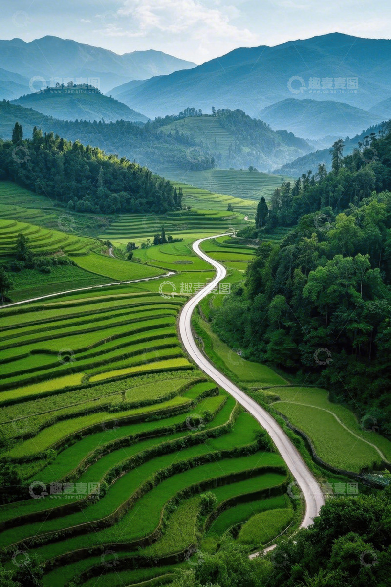 高清大图下载【趣麦麦图】山间蜿蜒公路旁的绿色梯田