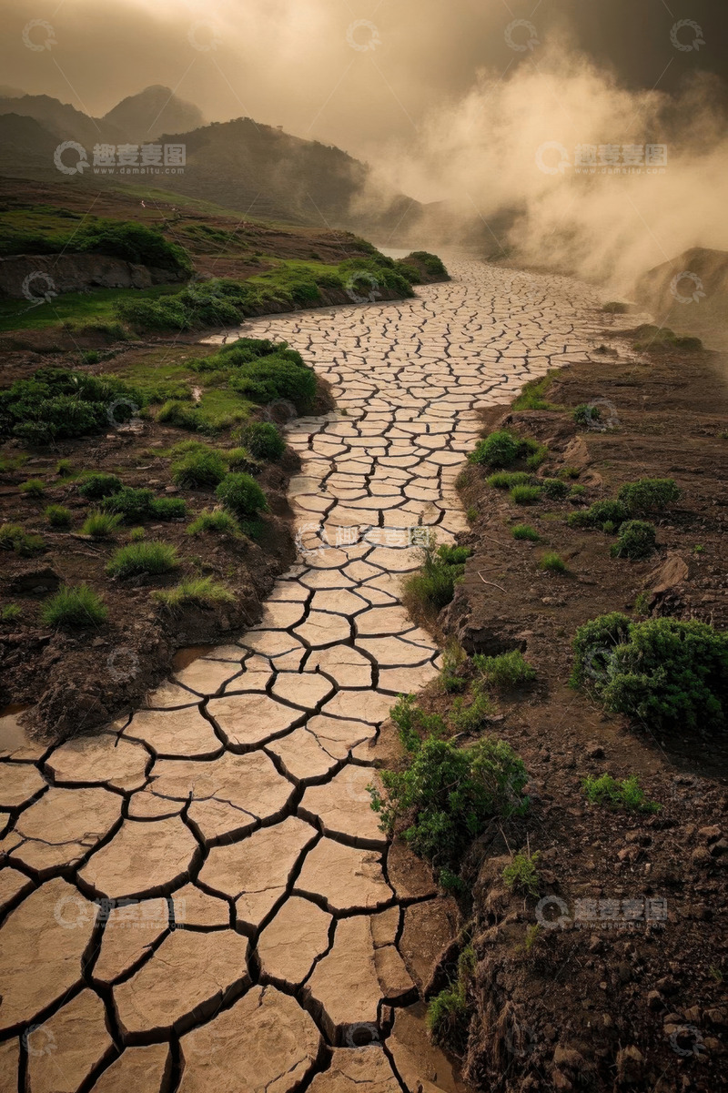 高清大图下载【趣麦麦图】干旱土地与周边绿植景象