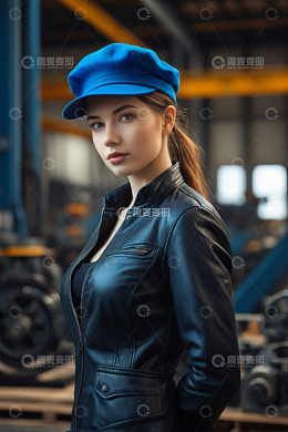 工厂内穿皮衣戴蓝帽的女性